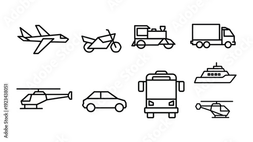 Transportation Icons: A collection of simple line art icons representing various modes of transportation. perfect for design projects and concepts.