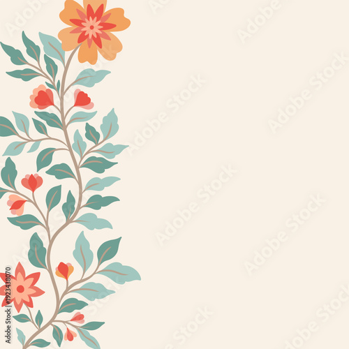 Mughal floral left side border, vertical botanical ornament with copy space, Indian ethnic vintage design template, oriental vector