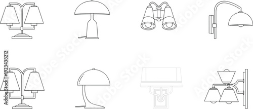 Indoor lighting fixtures line art set, table lamps wall lights and ceiling lamps, modern interior illumination outline illustration collection