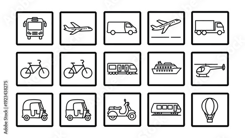 Iconic Transport: A collection of meticulously crafted transportation icons, neatly arranged in a grid, ideal for conveying movement.