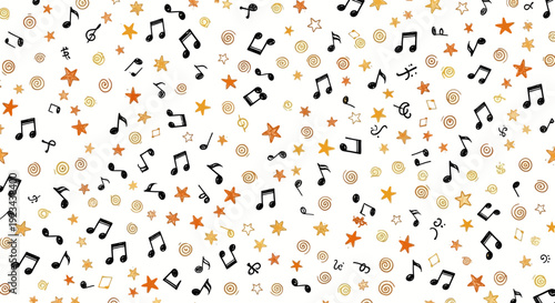 Vibrant music notes and stars fill the festive scene with colorful dots