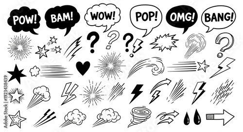 Comic book style illustrations of various explosion and speech bubbles with emotive icons dfghtred 106 ai