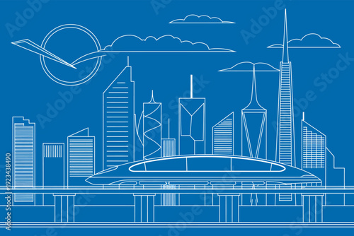 City skyline with skyscrapers train and airplane in the sky  urban landscape illustration