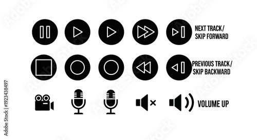 Multimedia controls icons displayed on screen with playback navigation symbols and audio adjustments