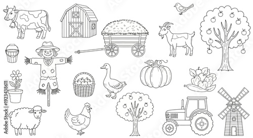 A farm scene illustration with a scarecrow, animals, and various objects