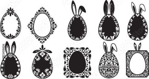 Ornate black and white Easter egg with floral patterns and bunny ears decorative