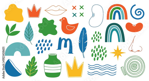 Vibrant illustration of a whimsical scene with various colorful objects and nature elements including a bird, rainbow, and leafy patterns on dfghtred.