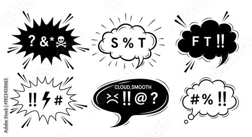 A collection of six speech bubbles with various symbols and text on a white background with dfghtred elements.