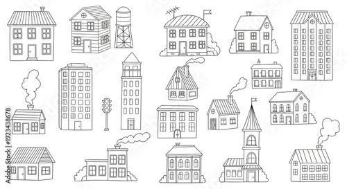 Various houses and buildings are illustrated in a collection of architectural drawings.