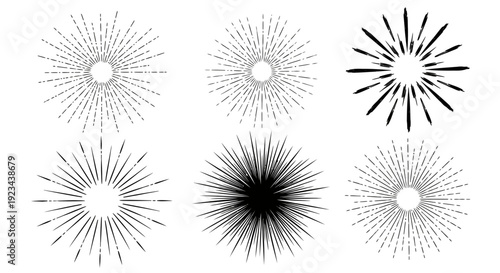Six symmetrical radial patterns with varying densities and line lengths are arranged