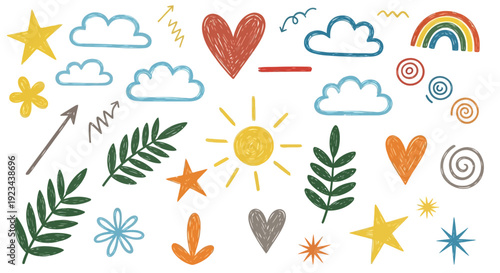 Colorful illustrations of various shapes and symbols float in the air