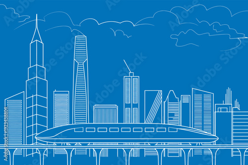 city skyline with a train on elevated tracks and skyscrapers in the background under a blue sky with clouds