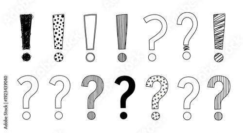 Punctuation marks exclamation and question in various styles against white