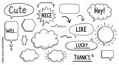 A collection of various speech bubbles and thought clouds with words like Cute, NICE, and LUCKY are illustrated.