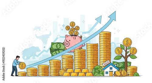 A person investing money, leading to financial growth, savings, and asset accumulation like gold and real estate, with stock market symbols in the background.