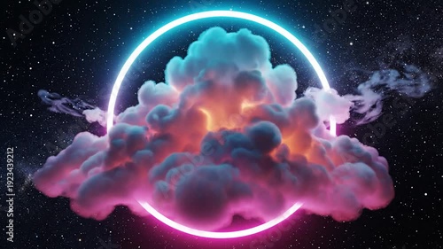 Vibrant clouds illuminated by neon ring floating in a starry night sky with a futuristic atmosphere and celestial view