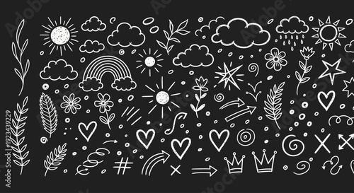 A whimsical scene of various celestial and mystical symbols floating amidst clouds and plants on a black background with white illustrations.