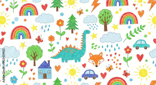 Vibrant illustration of a whimsical scene with dinosaurs, animals, and vehicles amidst rainbows and natural elements, outdoors in a lively setting.