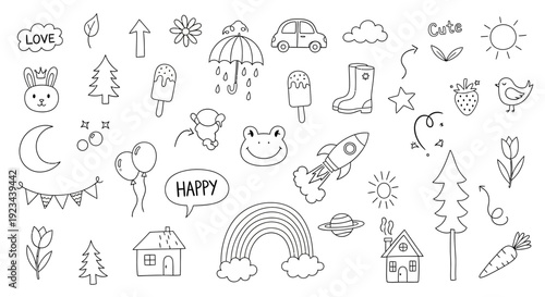 A colorful illustration of various objects including a smiling face, umbrella, rainbow, and trees in a whimsical scene with cute animals and toys.