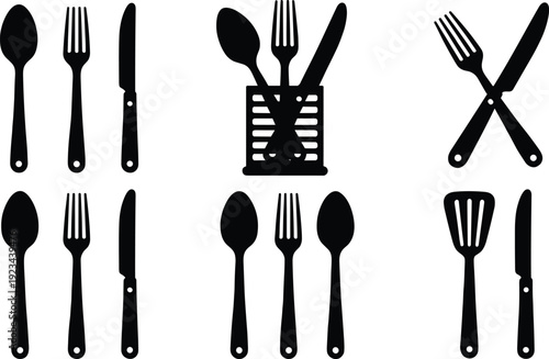Cutlery silhouettes set with spoon, fork, knife and kitchen utensils isolated on white background vector collection