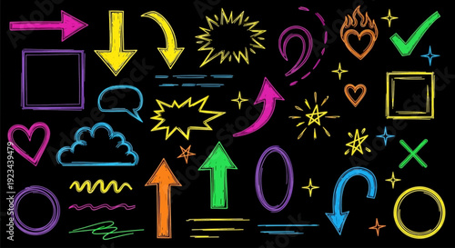 Drawing various colorful symbols and arrows on a blackboard background