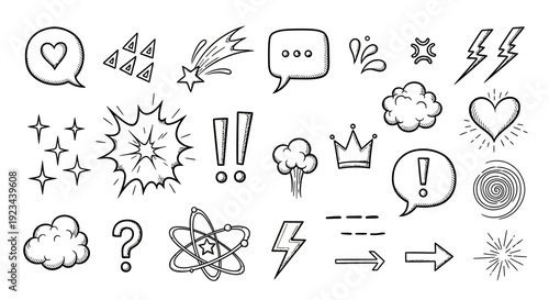 A collection of various emotive and thought-provoking symbols, including speech bubbles, lightning bolts, and question marks, arranged on a plain surface.