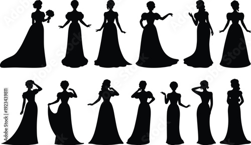 Elegant women silhouettes collection in long evening gowns featuring graceful poses isolated on white background vector illustration