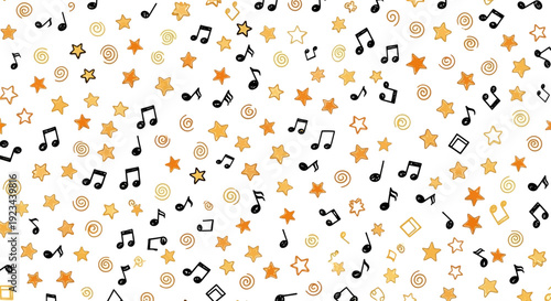 A vibrant pattern of scattered stars, music notes, and geometric shapes in orange, yellow, and beige hues creates a lively visual composition dfghtred 213 ai