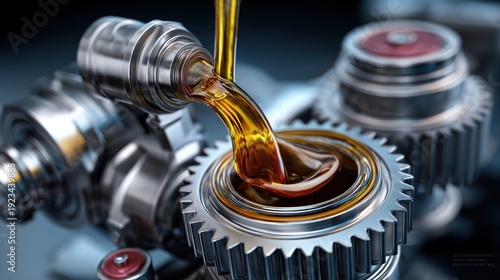 Close up of lubricating oil pouring into machine gears for industrial use