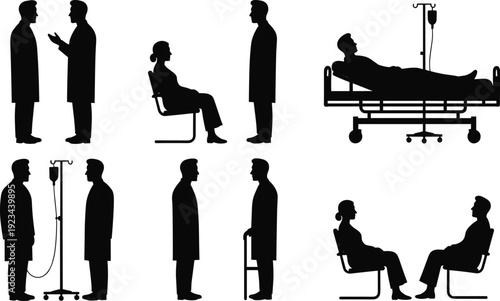 Doctor and patient silhouettes collection featuring medical consultation, hospital bed and IV drip isolated on white background
