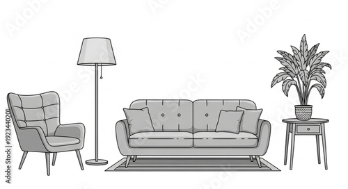 Living room furniture set with armchair sofa and plant.