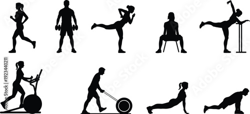 Fitness workout silhouettes collection featuring cardio, strength training, balance exercises and gym activities isolated on white background vector illustration