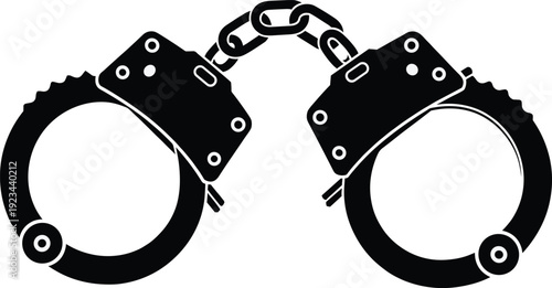 Handcuffs silhouette illustration, police metal restraints connected by chain isolated on white background law enforcement security concept