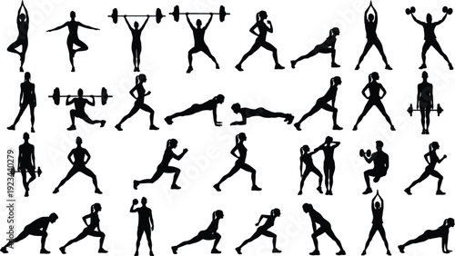 Fitness workout silhouettes collection featuring women exercising with dumbbells, barbells, yoga poses and strength training exercises isolated on white background