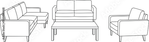 Living room furniture line art set with sofa armchair and coffee table, modern interior outline illustration for design use