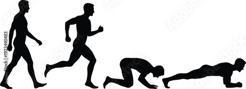Man exercise progression silhouettes showing walking, running and push up positions isolated on white background vector