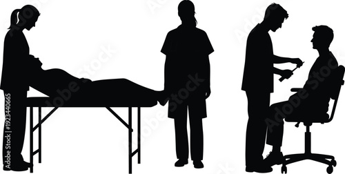Medical examination silhouettes featuring doctor and nurse with patient in clinic isolated on white background vector illustration