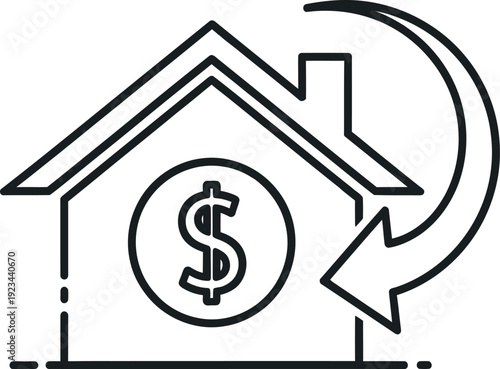 Outline icon depicts home equity loan or mortgage refinance concept with a dollar sign inside a house outline and a large circular.