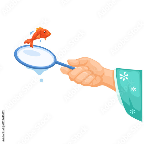 Hand in Kimono Catching Goldfish Traditional Festival Game Vector Illustration