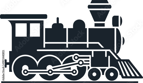 Black silhouette of a classic steam locomotive engine viewed from the side on a white background.