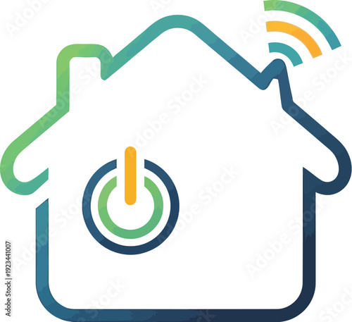 Outline of a modern house displays a central power button next to a wireless signal emanating from the roof.