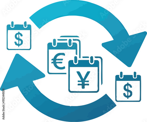 Currency exchange icons circulate around arrows demonstrating international financial transaction cycles.