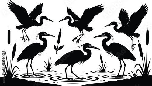 Heron bird silhouettes collection, wading birds standing and flying over wetland water isolated on white background wildlife illustration set