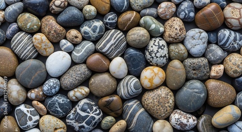 Close-up Texture of Smooth Polished River Stones in Various Colors and Patterns.