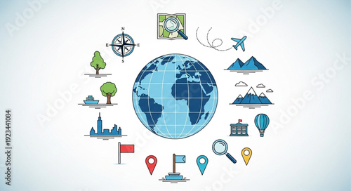 Global Travel and Exploration Concept with Earth and Icons.