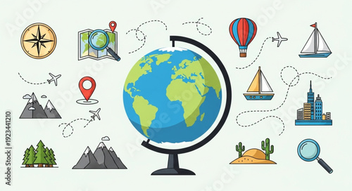 World Globe Surrounded by Travel Icons and Landmarks.