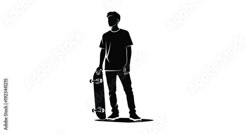 Minimalist black and white vector graphic illustration of a stylized young man standing casually holding a skateboard under his arm