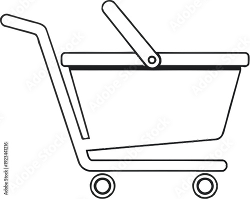 Shopping cart outline drawing symbolizes retail purchasing, electronic commerce transactions, and grocery buying needs.