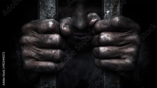 Hands gripping prison bars concept of confinement and imprisonment