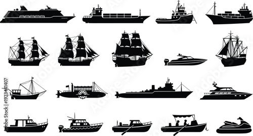 Boat and ship silhouette collection, maritime vessel types set, sailing ship yacht fishing boat cargo ship, sea transport industry, nautical transport illustration isolated